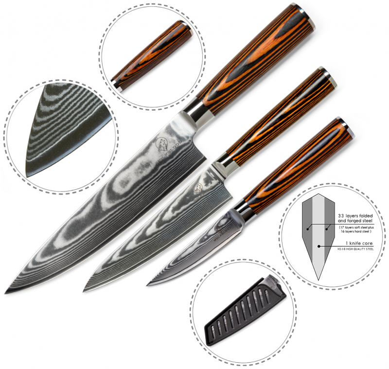 Wolfblood Zeuß Santoku Damastmesser Küchenmesser LH Lifestyle Kochmesser Damastmesser Set